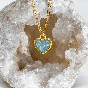 3/$20 14k Gold Blue Glitter Resin Heart Charm Handmade Pendant Necklace